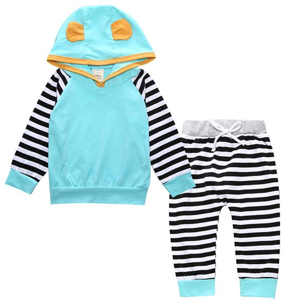

2 colors baby boys girls clothing set cotton striped long sleeve hooded +pants 2 pcs newborn baby boy girl clothes suits, White
