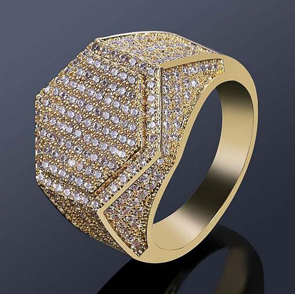 18 Karat vergoldeter geometrischer Sechseck-Herrenring mit Iced Out Pavé-CZ-Bling-Ring, vollständig simulierten Diamanten, Steinen, Gold- und Silberringen mit Geschenkbox