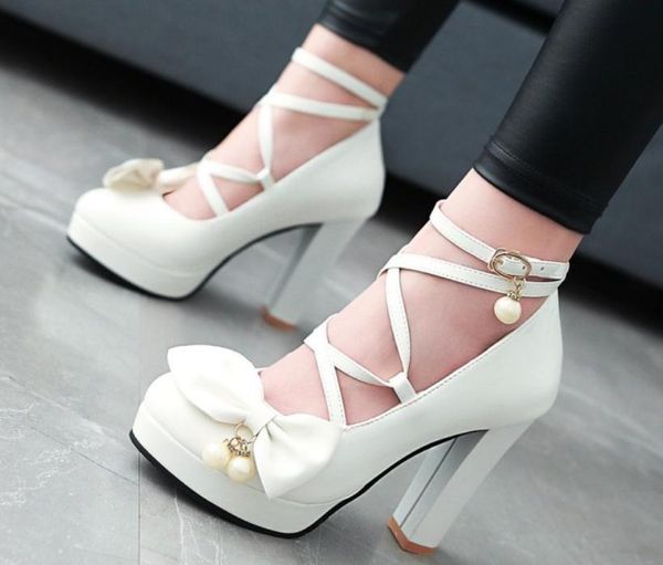 

send single shoes bowknot pearl high-heeled coarse heel women's shoes, Black