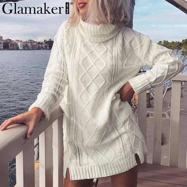 

glamaker turtleneck knitting split white sweater women long sleeve cotton jumper female autumn winter fashion casual pullover, White;black
