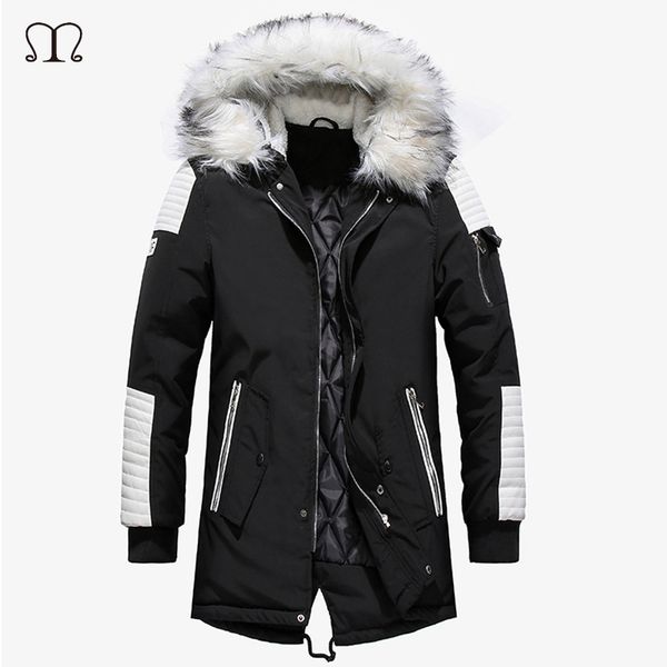 

parka men coats 2018 winter jacket men slim thicken fur long hooded outwear warm coat brand clothing casual men's coat, Black