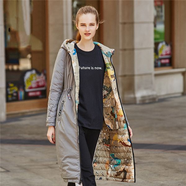 

autumn winter down jacket women long printed parkas 2018 new two-sided slim hooded coats duck down outerwear no553, Black