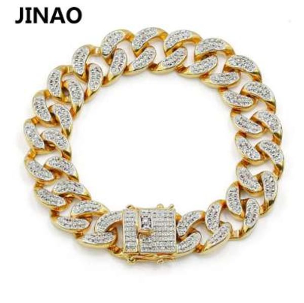 

jinao new fashion gold color plated micro pave cubic zircon bracelet all iced out 8" length cuban chain hip hop jewelry for male, Black