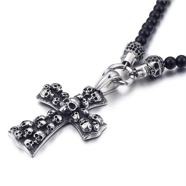 Collana con ciondolo teschio di perle di vetro nero punk rock di moda per uomo donna pendenti con collane a croce in acciaio inossidabile gioielli lunghi 50 cm