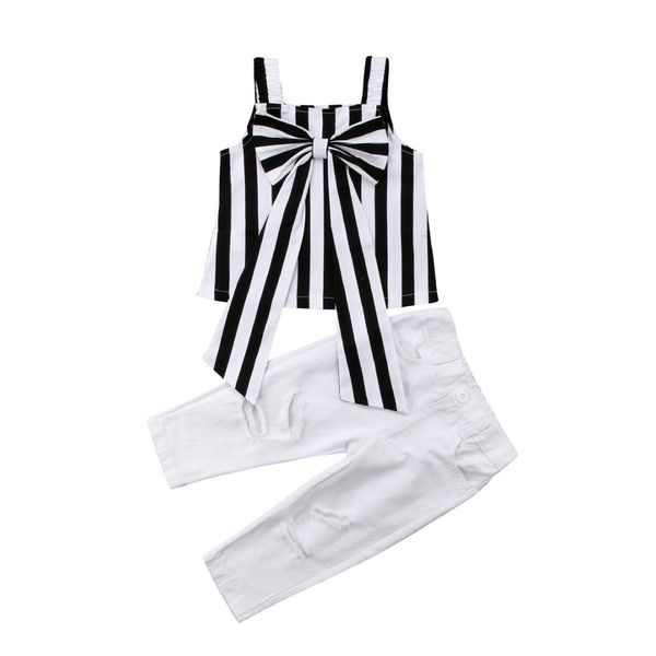 

new fashion canis summer toddler kids baby girl clothing striped bow long pants outfits clothes 2pcs, White