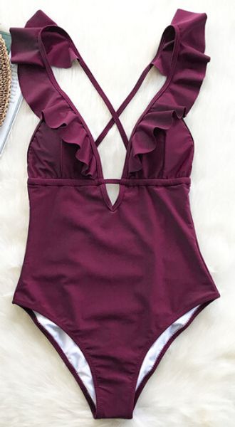 

one-piece swimsuit women ruffle v-neck swimsuit new style girls beach bathing solid suit swimwear sale
