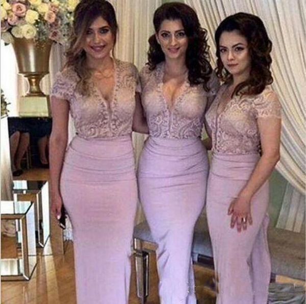 

Blush Bridesmaid Dresses Lace V Neck Short Sleeves Prom Party Gowns Long Sheath Chiffon Wedding Guest Dresses Evening Wear