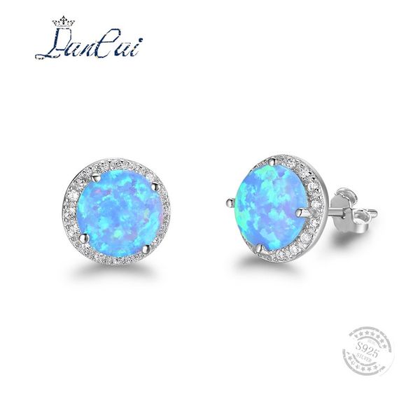 

lancai fashion round simple style blue fire opal fine jewelry inlaid white zircon 925 sterling silver stud earrings for women, Golden;silver