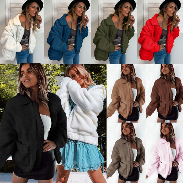 

Women Coat Casual Lapel Fleece Fuzzy Faux Shearling Zipper Warm Winter Oversized Outwear Jackets