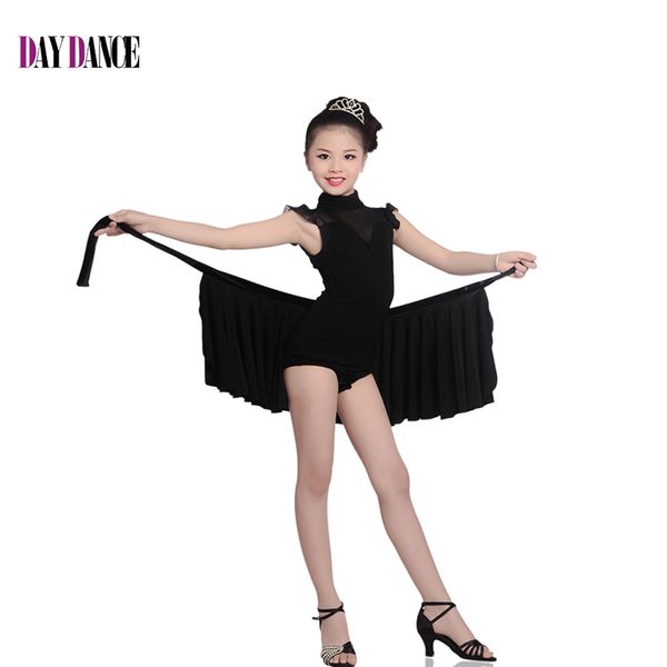 

professional girls two-piece suit high neck leotard lace skirt child kid elegant black performance competition latin dance dress, Black;red