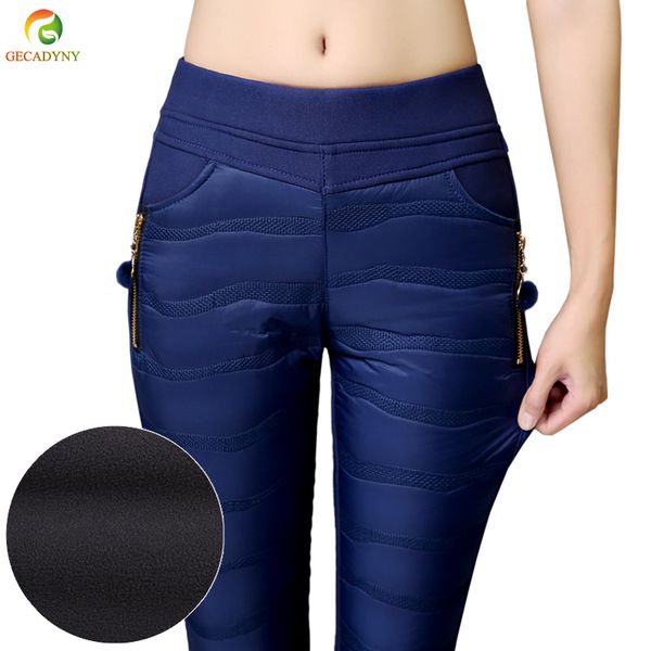 

plus size s-4xl women mid waist pants thick down pants wadded trousers winter slim warm female fashion padded velvet clothes, Black;white