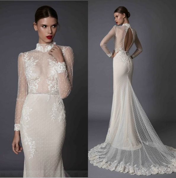 

berta bridal backless wedding dresses high neck boho vestido de casamento mermaid wedding dress with long sleeves, White