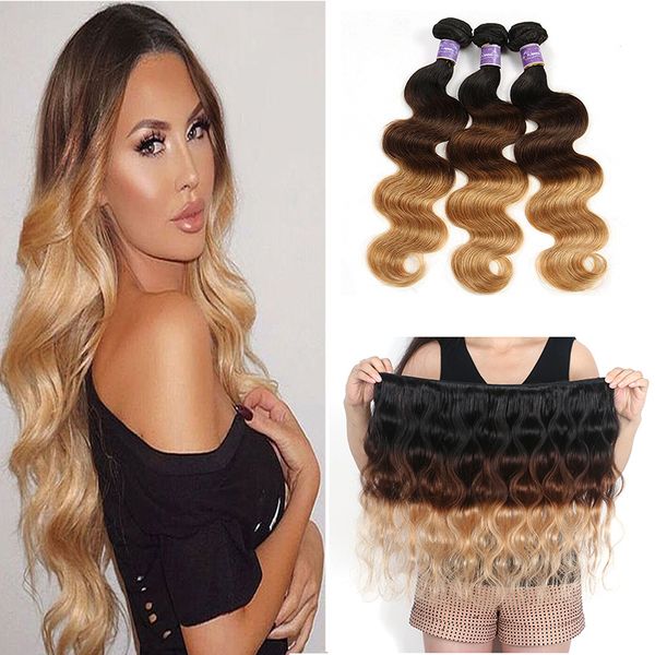 

ombre human hair extensions brazilian peruvian malaysian body wave three tone brown blonde 1b/4/27# colored hair weave 3 bundles, Black