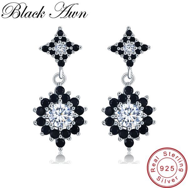 

black awn] vintage 925 sterling silver earrings flower black spinel drop earrings for women silver 925 fine jewelry gift t041, Golden;silver