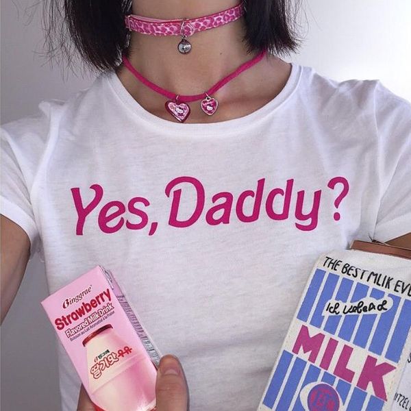 

yes daddy print pink love women t shirt short sleeve funny letter printed crop lady harajuku hipster cropped hwd019, White