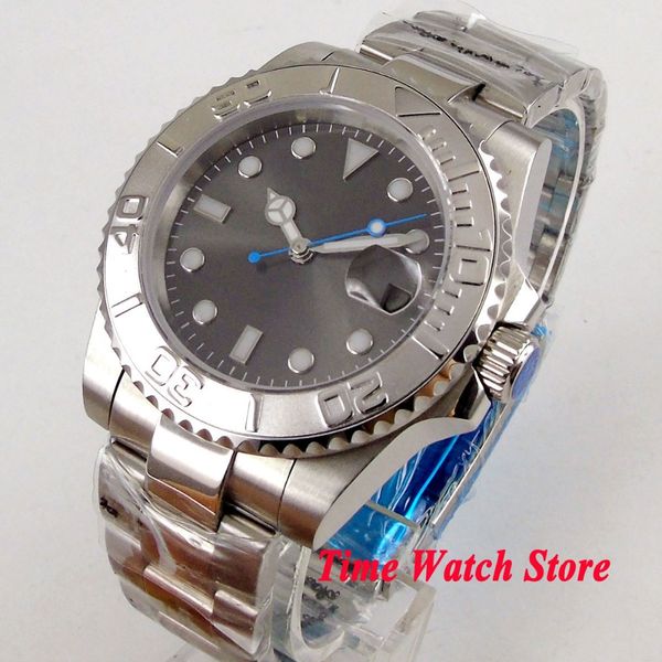 

solid 40mm men's watch no logo grey dial super luminous saphire glass ceramic bezel automatic movement wrist watch men 116, Slivery;brown