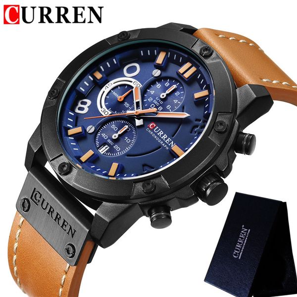 

curren mens watches waterproof chronograph fashion male clock genuine leather sport wristwatch 8285, Slivery;brown