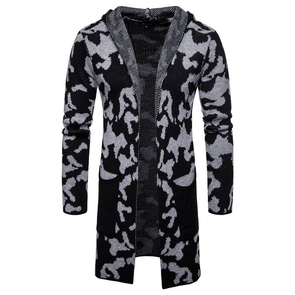 

loldeal men's long cardigan sweater hooded knit slim fit open front longline cardigans with pockets camouflage hooded cardigan, Black