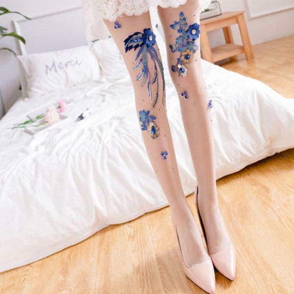 

embroidered flower style cherry blue demon ji pattern anti-hook silk stockings pantyhose european and american fashion stockings female, Black;white