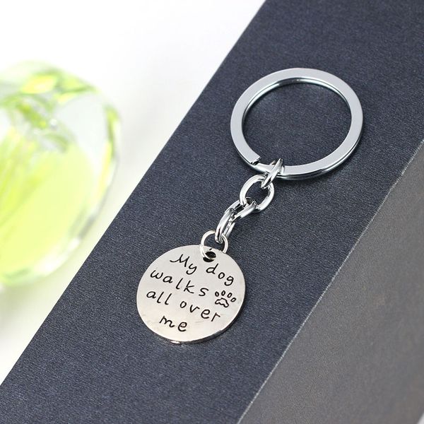 

my dog walks all over me pendant necklace hand stamped pet paw print cat dog lover keychains, Silver
