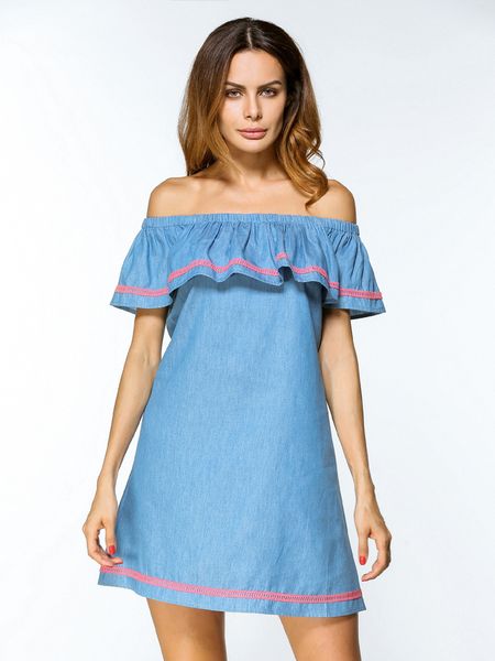 

2018 new arrived women's falbala cowboy dress off the shoulder ruffled party dress fashion bull-puncher dress, Black;gray