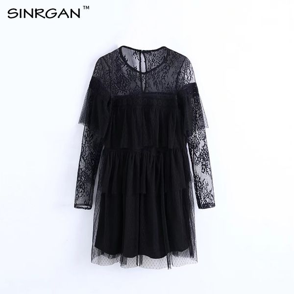 

sinrgan женщины party dress кружева o шеи blace мини dress лето с длинным рукавом сексуальная каскадные рябить повседневная vestidos 2018 но, White;black