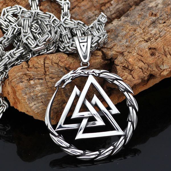 

men stainless steel viking valknut amulet dragon pendant necklace, Silver