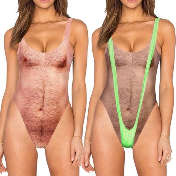

funny chest hair 3d print one piece swimsuit women swimwear push up bikinis swimsuit female monokini beachwear bathing suit, White;black