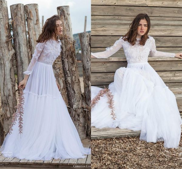 

Pure White Lace Wedding Dresses 2018 Christos Costarellos Long Sleeve See Through Top Bohemian Beach Wedding Dress A Line Tulle Bridal Gowns