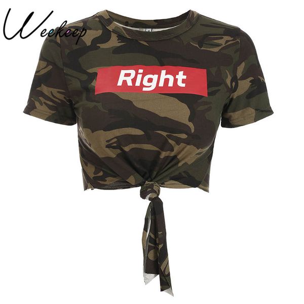 

weekeep women camouflage letter print t shirt o-neck short sleeve crop 2018 fashion streetwear bow tee shirt femme, White