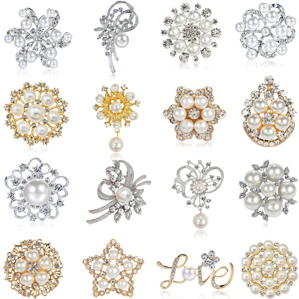 

2021 new wedding imitation pearl brooches gold silver rhinestone star flowers love brooches for engagement party, Gray