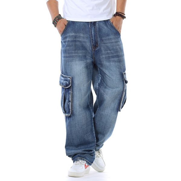 

Plus Size Jeans for Men Big Multi Pockets Long Pants Loose Casual Denim Blue Jean Trousers