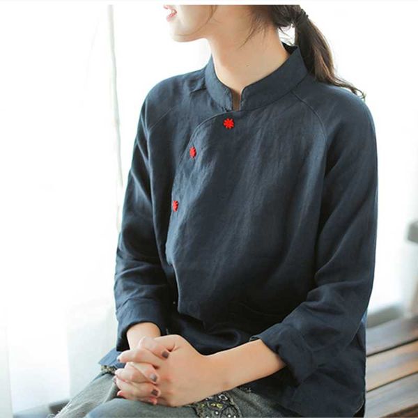 

johnature solid color stand collar linen full sleeve new women blouses 2018 autumn embroidery casual irregular 2 colors shirts, White