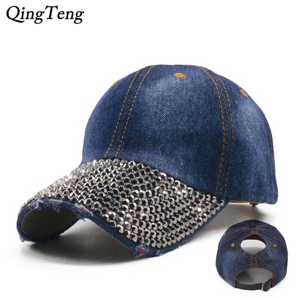

denim rhinestone ponytail cap women messy bun female baseball caps outdoor recreational sports snapback hats drop shipping, Blue;gray