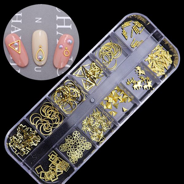 

12 grid gold silver rivet dust alloy mixed style oval e gear moon patten 3d nail art decorations nail koffer new design, Silver;gold