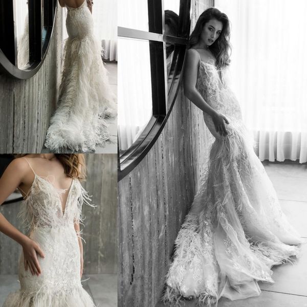 

luxury feather 2019 riki dalal wedding dress mermaid bridal gowns spghetti v neck backless lace appliqued vestidos de novia, White