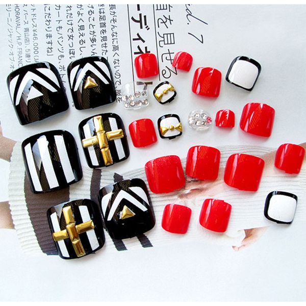 

24pcs fashion short false fake artificial toe nails tips toes nail art tools j41, Red;gold