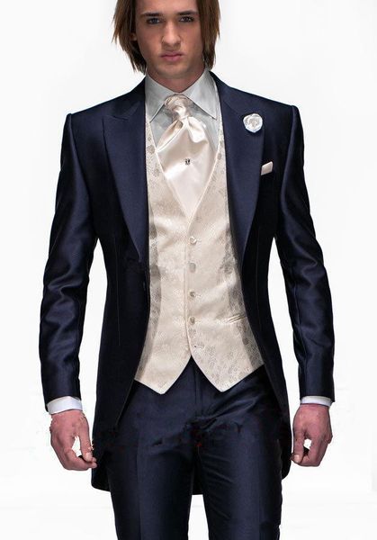 2018 Custom Made Frac Mattina Abiti da sposa uomo Blu navy Smoking dello sposo Smoking da sposa Groomsmen Suit 3 pezzi Best Men Suit Sposo
