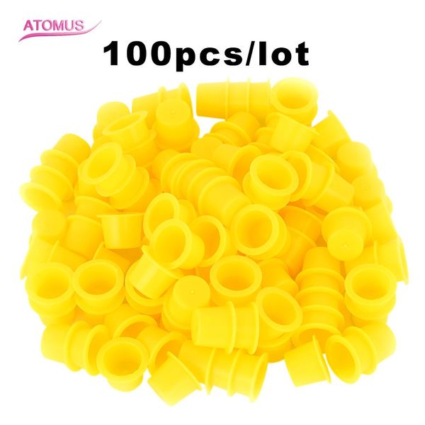 Wholesale-100pcs Yellow Tattoo Ink Cup per body art permanente Pigmen Holder taglia M per accessori per tatuaggi Prodotti per la pulizia