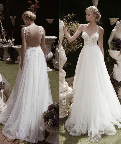 

sheer straps deep v neck boho backless wedding dresses sleeveless lace appliques tulle bridal gowns bohemia wedding bride gown, White