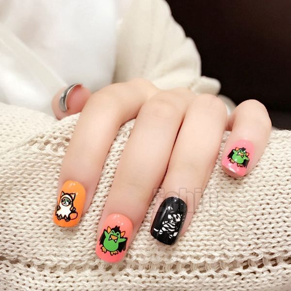 

new short full nail tips cute design kit round press on nails simple finger makeup decorations fake nail art accessories z737, Red;gold