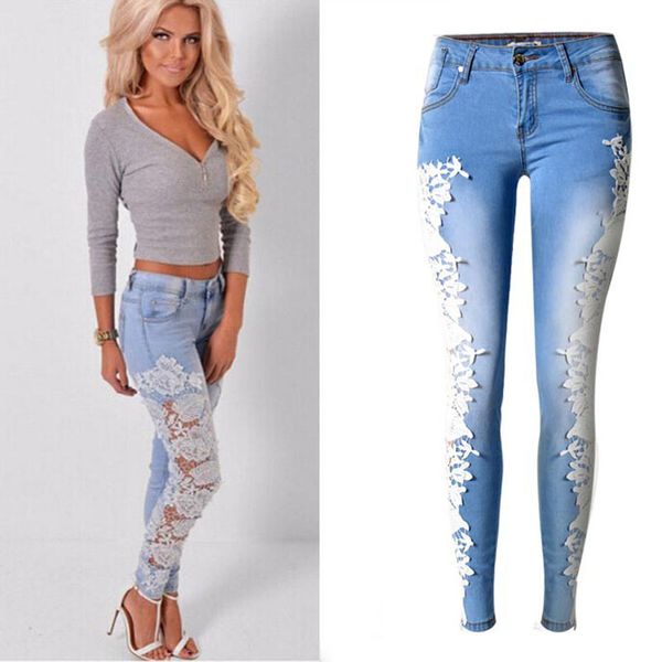 

women fashion side embroidery floral lace jeans hollow out skinny denim jeans woman pencil pants patchwork trousers plus size, Blue
