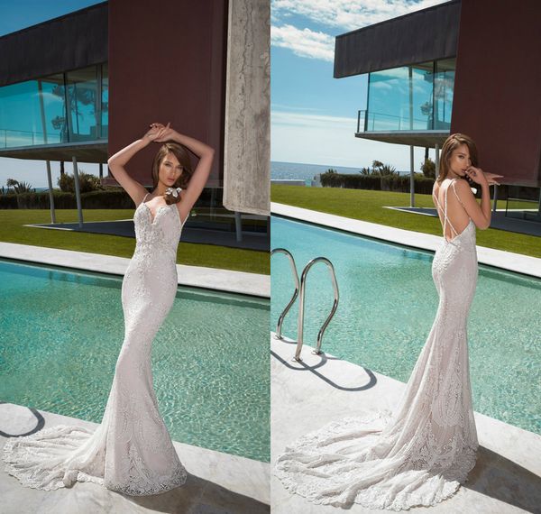 

2019 mermaid wedding dresses spaghetti lace appliques beads sweep train backless bridal gowns custom made plus size wedding dress, White
