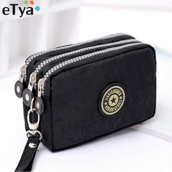 

etya new fashion portable washed denim make-up bag coin purse mini bag with three zipped women wallets big capacity phone pouch, Red;black
