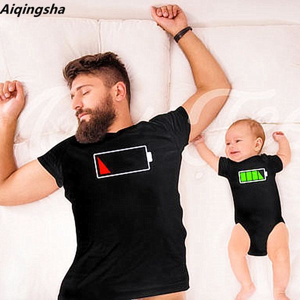 

father and baby matching clothes like father son shirt short-sleeved t-shirt battery pattern printing mother son outfits boy, Blue