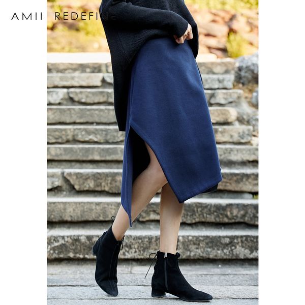 

amii redefine woolen a-line skirt autumn winter women 2018 casual solid asymmetrical side slit high waist female mid-calf skirts, Black