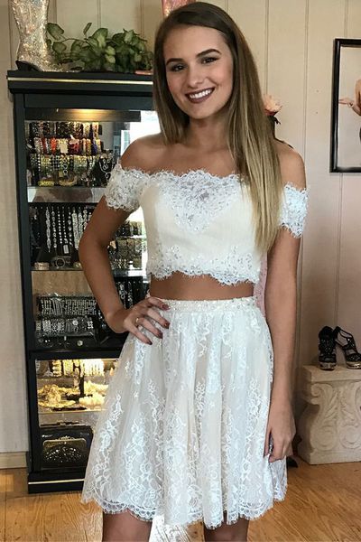 

short sleeve crystal off shoulder mini a line homecoming dresses new lace two piece cocktail party gowns custom made draped sale, Blue;pink