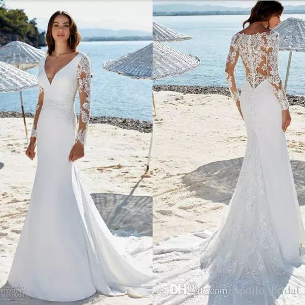 Modesto Eddy k Abiti da sposa a sirena Manica lunga Scollo a V Abiti da sposa in pizzo Sweep Train Abito da sposa da spiaggia Taglie forti