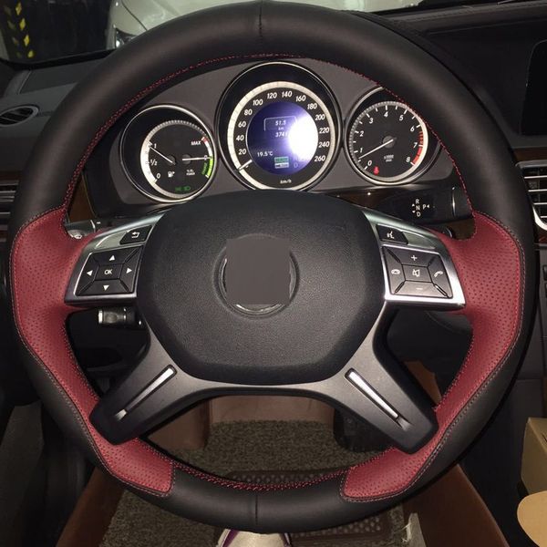 

wine red black leather diy hand-stitched car steering wheel cover for mercedes- benz gl350 ml350