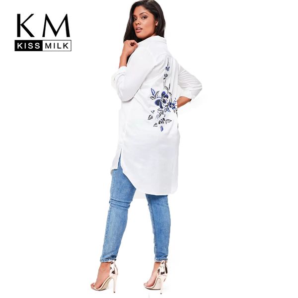 

kissmilk 2017 plus size solid white women blouses floral embroideried long sleeve female clothing casual lady big size